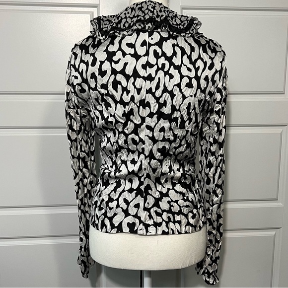 Alberto Malaki Ruffled Blouse Animal Print Long Sleeve Top Black White Career SM - Picture 2 of 9